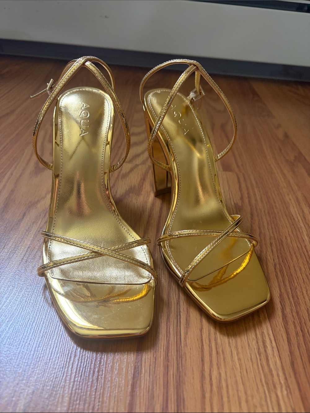 Aqua Metallic Gold Strappy Block Heel Sandals